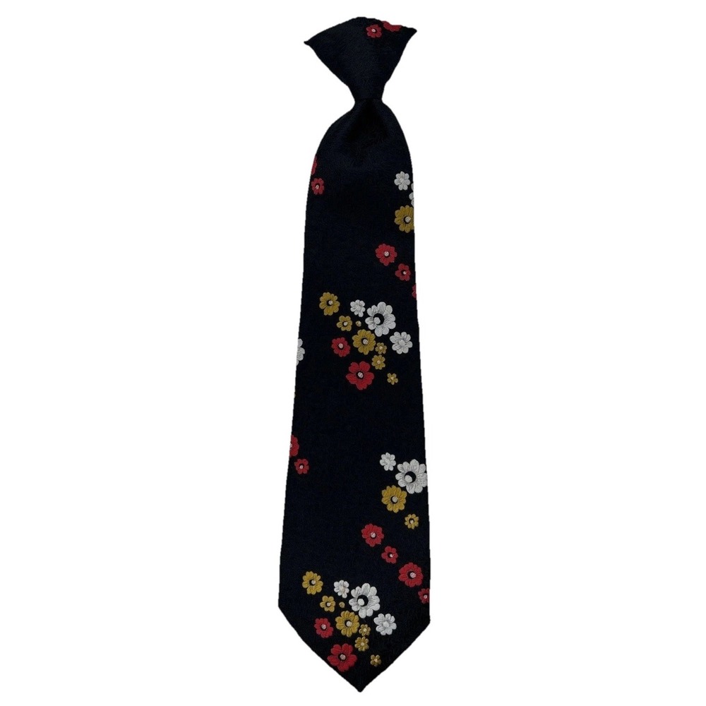 Clip On Neck Tie, Black, Marigold Yellow, Ruby Red & White Flowers On Blk